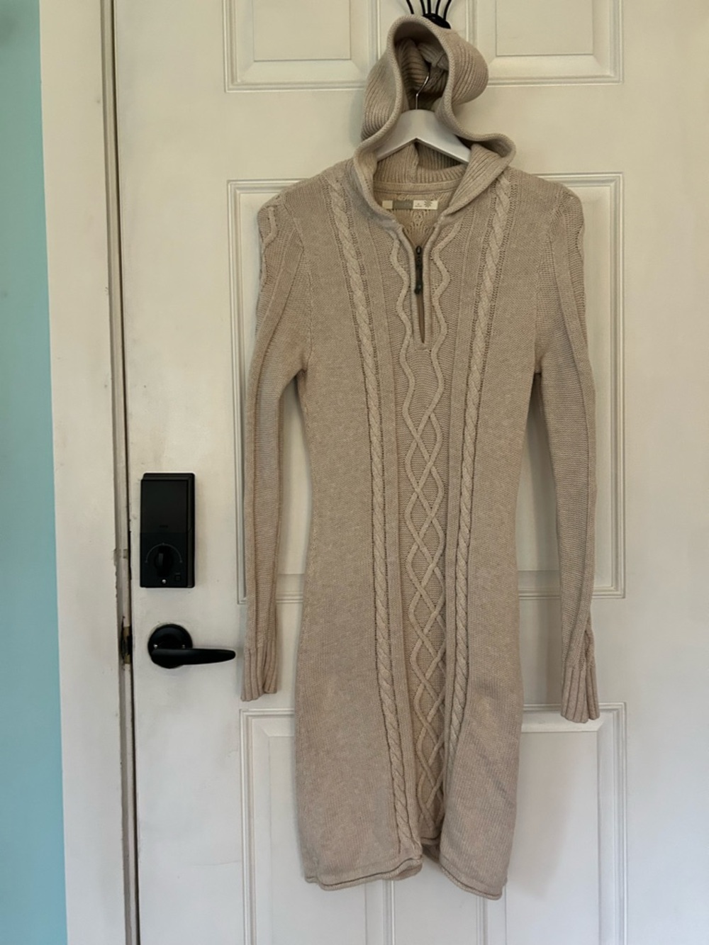 Athleta Beige Cable-Knit Hooded Midi Sweater Dress